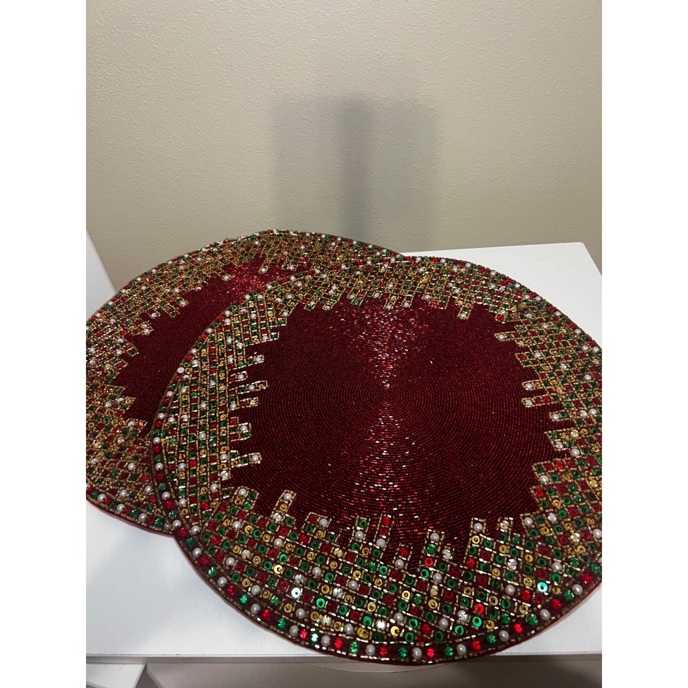 Kim Seybert Beaded Christmas Charger Placemats Set of 2 Red Gold Green 15in